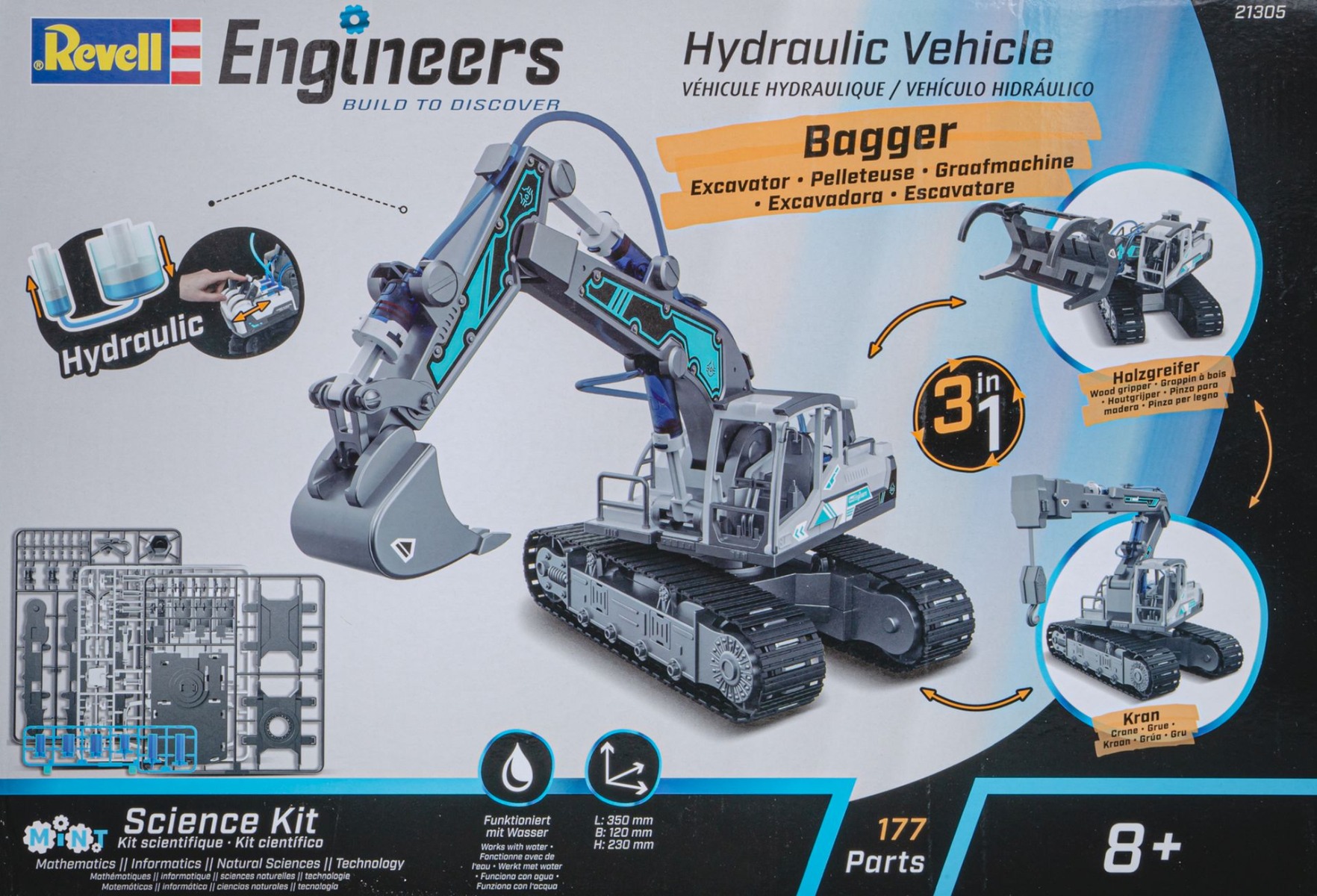 Revell RE21305 Hydraulic Vehicle 3in1 (ekskavaator, kraana, laadur), kokkupandav mudel
