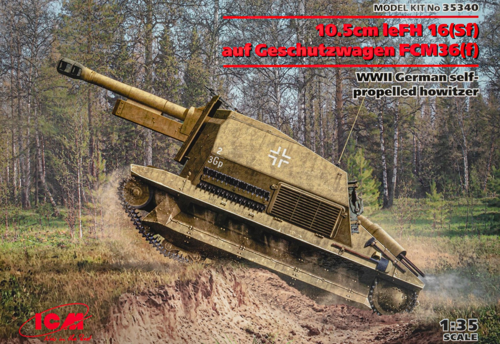 ICM35340 10.5cm leFH 16(Sf) auf Geschutzwagen FCM36(f) German self-propelled howitzer 2MV, model kit