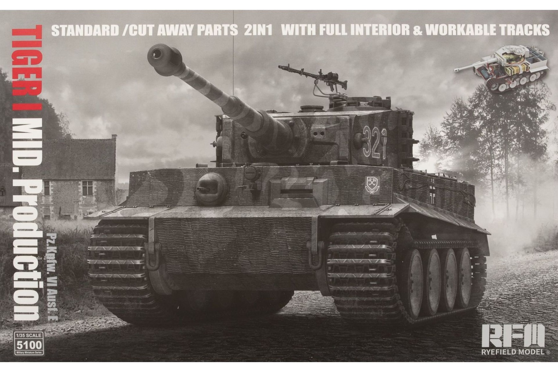 Rye Field Model RM-5100 Pz.Kpfw. VI Ausf. E Tiger I Mid. Production Standard/Cut Away Parts 2in1 with full interior & workable tracks, model kit