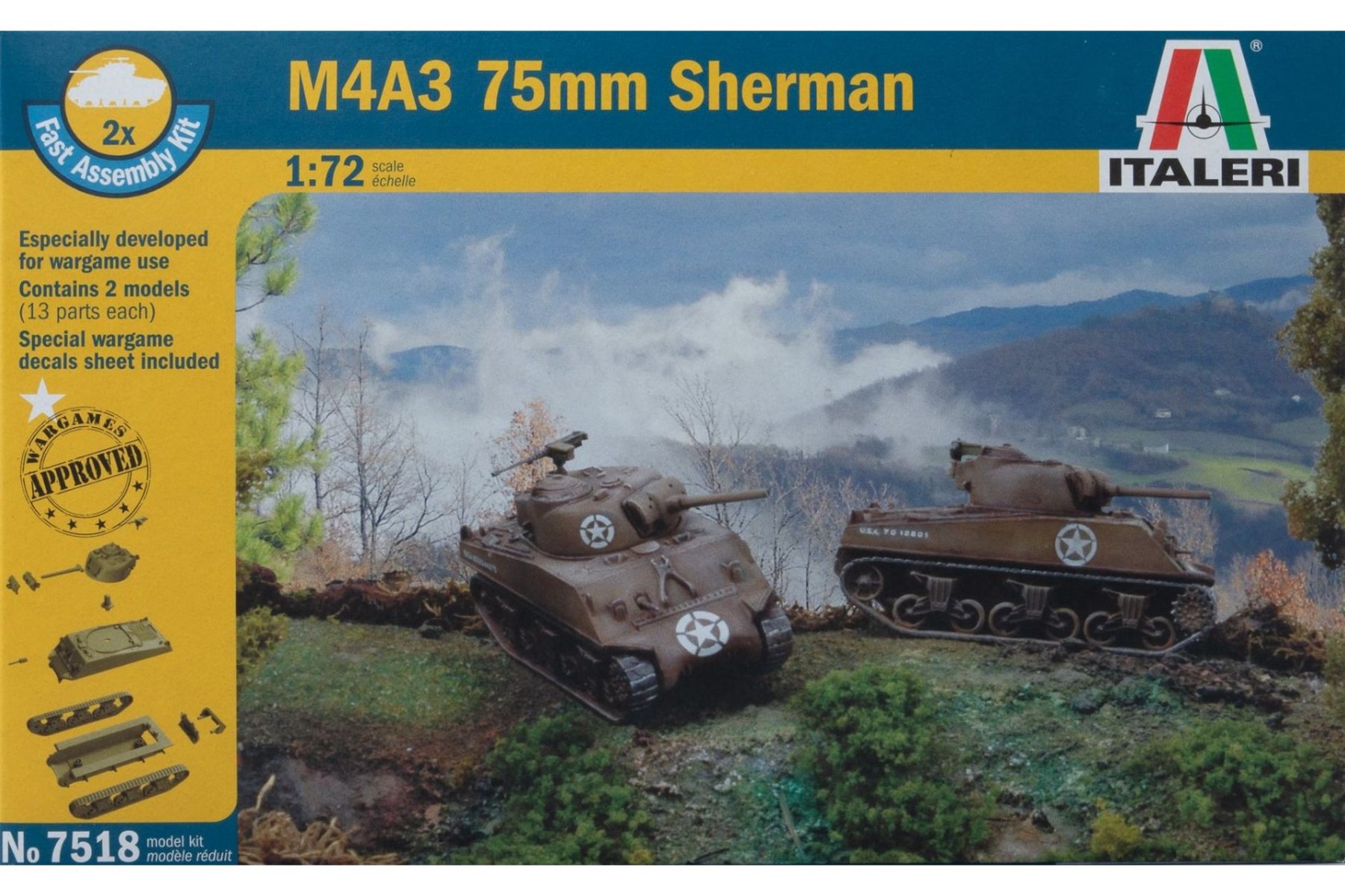 Italeri IT7518 M4A3 75mm Sherman 2 fast assembly kits per box, model kit