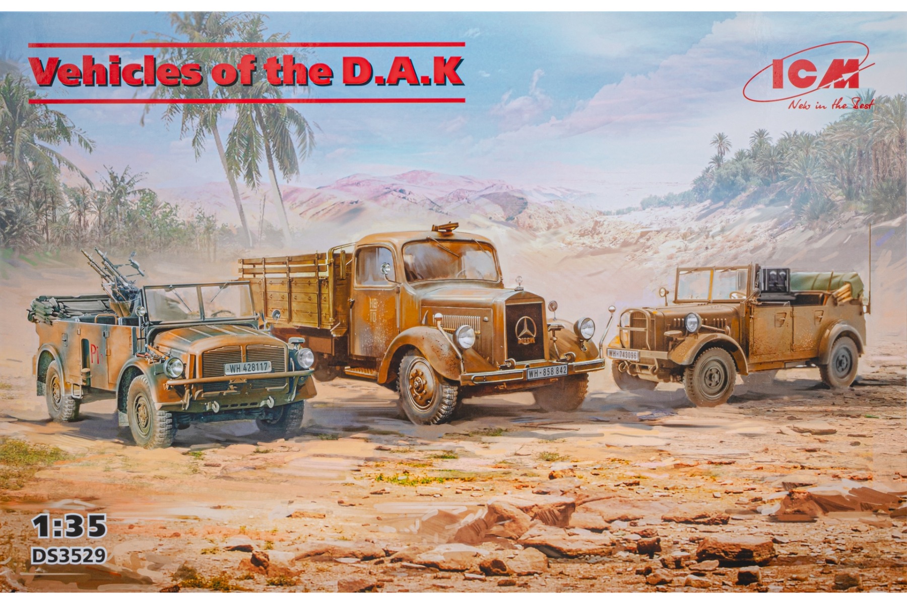 ICMDS3529 Vehicles of the D.A.K (Mercedes-Benz L3000 truck, Kfz.70 infantry carrier and Kfz.2 radio vehicle), model kit