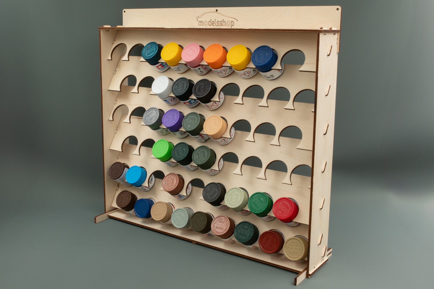 Plywood storage system For 54 bottles (of 34mm width, Tamiya/Ammo) /paints not included/