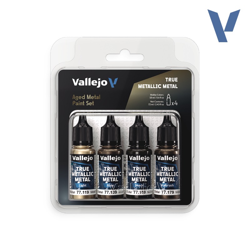 Aged Metal Paint Set (Light, Base, Shade, Airbrush) 4x18ml Vallejo True Metallic Metal 77258