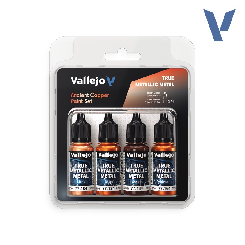 Ancient Copper Paint Set (Light, Base, Shade, Airbrush) 4x18ml Vallejo True Metallic Metal 77253