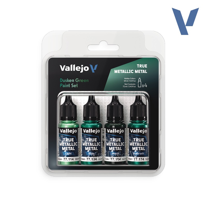 Dusken Green Paint Set (Light, Base, Shade, Airbrush) 4x18ml Vallejo True Metallic Metal 77257