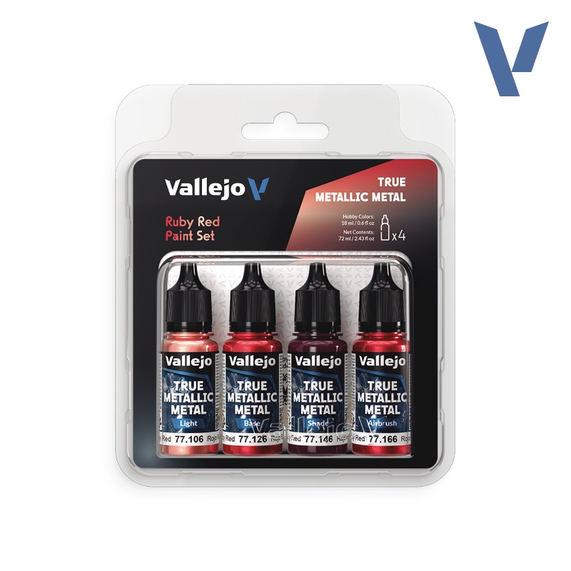 Ruby Red Paint Set (Light, Base, Shade, Airbrush) 4x18ml Vallejo True Metallic Metal 77254