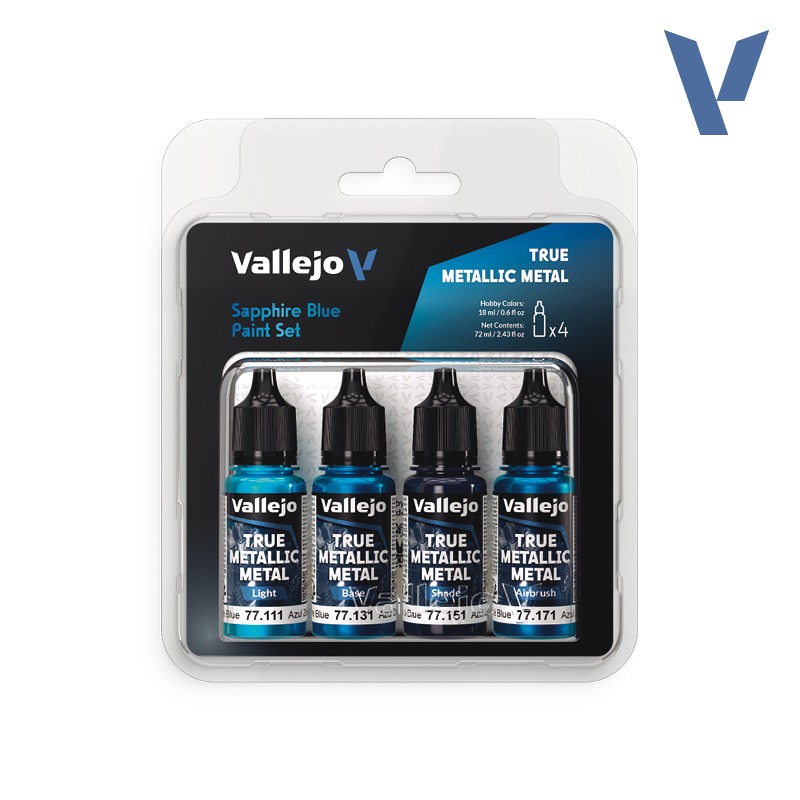 Sapphire Blue Paint Set (Light, Base, Shade, Airbrush) 4x18ml Vallejo True Metallic Metal 77256
