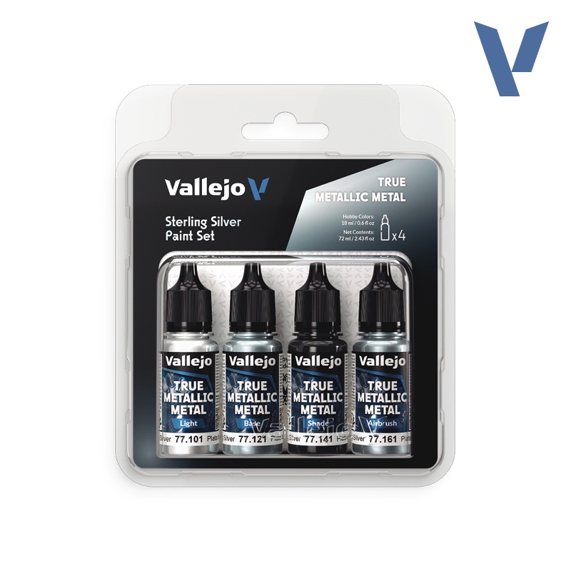 Sterling Silver Paint Set (Light, Base, Shade, Airbrush) 4x18ml Vallejo True Metallic Metal 77251